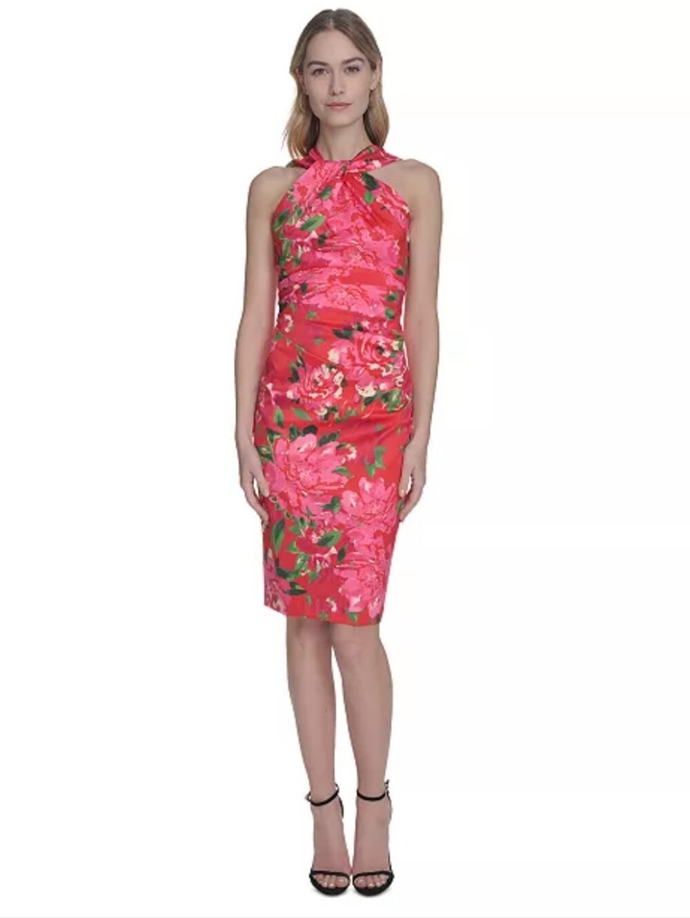 Eliza J Floral Cocktail Dress Size 14 Red Pink Sleeveless Bow Neck Draped Party